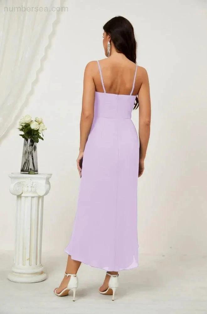 Numbersea Spaghetti Chiffon V Neck Bridesmaid Dress Mid-Length Slit Formal Prom Dress Homecoming Dress 2803 by numbersea