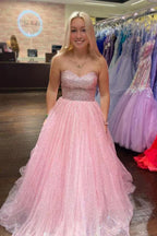 Light Pink A-Line Floor Length Strapless Sparkly Tulle Long Prom Dress PSK411 by pgmdress
