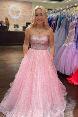 Hellrosa A-Linie Bodenlanges trägerloses glitzerndes Tüll-Ballkleid PSK411