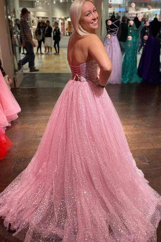 Hellrosa A-Linie Bodenlanges trägerloses glitzerndes Tüll-Ballkleid PSK411