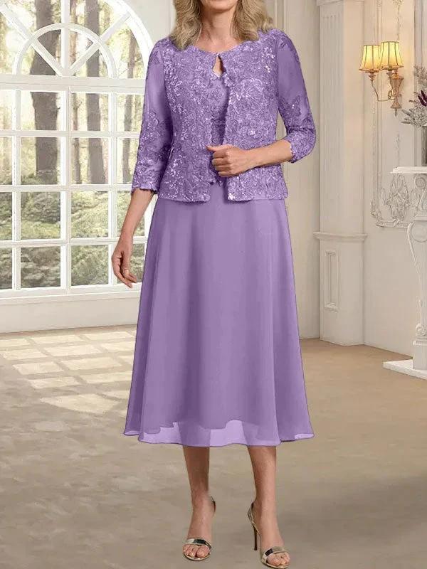 A-line Scoop Tea-Length Lace Chiffon Mother of the Bride Dress With Sequins by Dreamylily