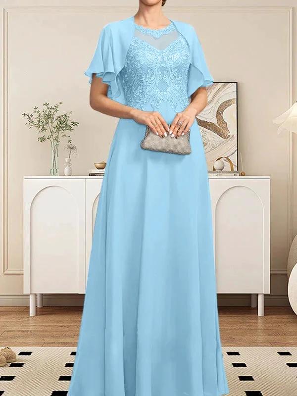 A-line Scoop Illusion Floor-Length Lace Chiffon Mother of the Bride Dress With Sequins by Dreamylily