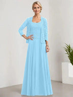A-line Square Floor-Length Lace Chiffon Mother of the Bride Dress With Sequins by Dreamylily
