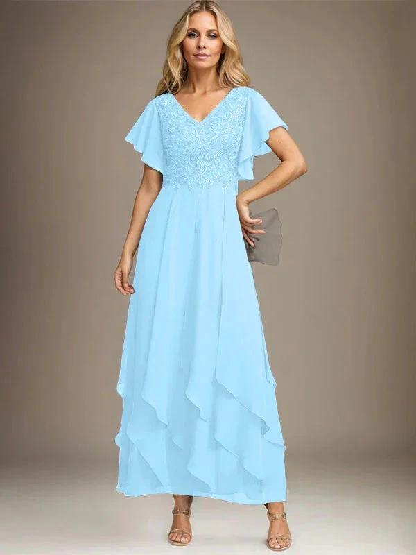 A-line V-Neck Ankle-Length Lace Chiffon Mother of the Bride Dress With Cascading Ruffles by Dreamylily