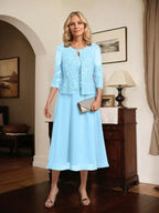 A-line Scoop Tea-Length Lace Chiffon Mother of the Bride Dress With Sequins by Dreamylily