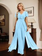 Jumpsuit/Pantsuit V-Neck Floor-Length Chiffon Evening Dress