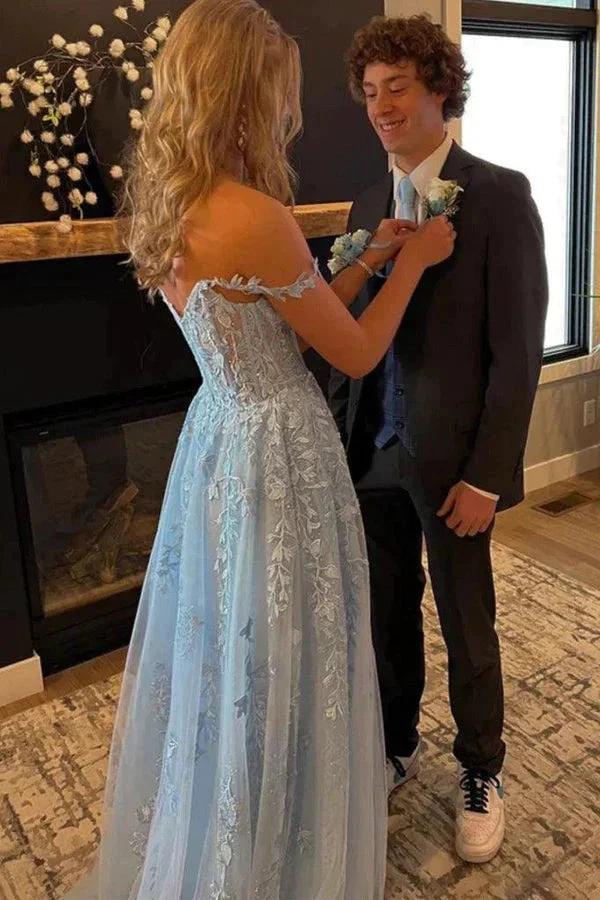 Light Blue Tulle Off Shoulder Long Prom Dresses With Lace Appliques PSK421 by pgmdress