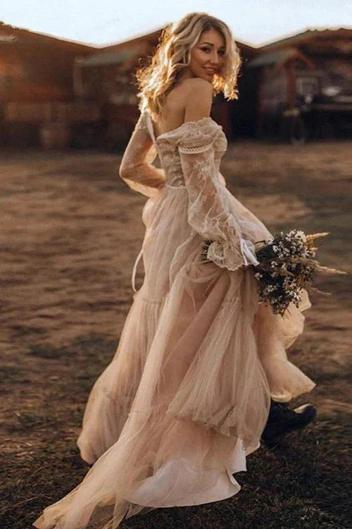 Light Brown Long Sleeve Boho Wedding Dress Rustic Wedding Dress WD741 by pgmdress