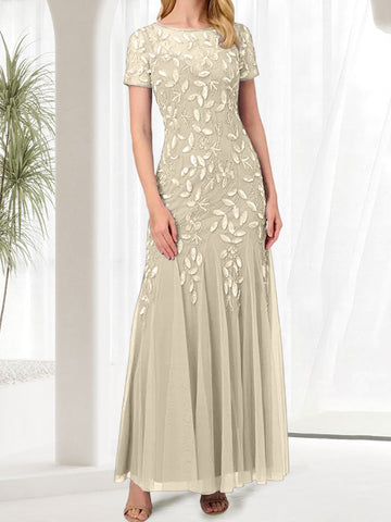 Vestido largo de sirena azul con cuello redondo para madre de la novia con cuentas