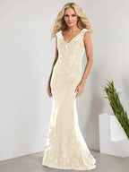 A-line V-Neck Floor-Length Lace Chiffon Mother of the Bride Dress With Applique Sequins Mermaid Dresses by Dreamylily