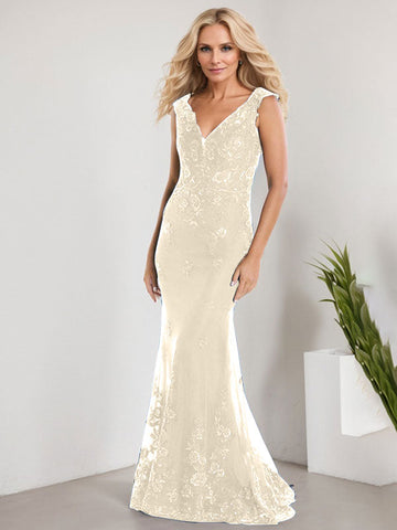 A-line V-Neck Floor-Length Lace Chiffon Mother of the Bride Dress With Applique Sequins Mermaid Dresses