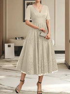 A-line V-Neck Tea-Length Tulle Lace Mother of the Bride Dress With Pleated by Dreamylily