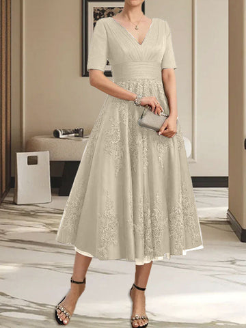 A-line V-Neck Tea-Length Tulle Lace Mother of the Bride Dress With Pleated