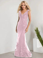 A-line V-Neck Floor-Length Lace Chiffon Mother of the Bride Dress With Applique Sequins Mermaid Dresses by Dreamylily