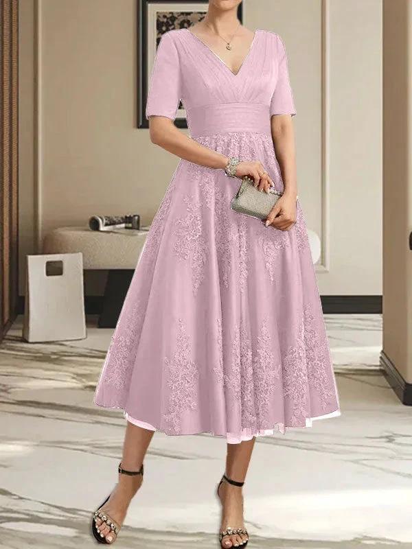 A-line V-Neck Tea-Length Tulle Lace Mother of the Bride Dress With Pleated by Dreamylily