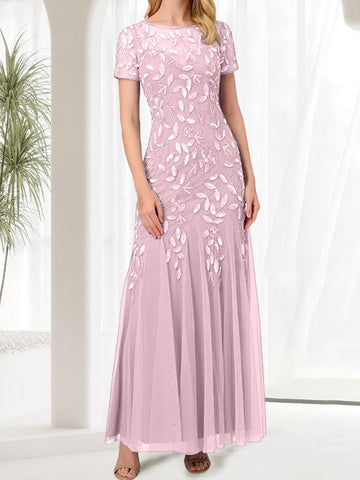 Vestido largo de sirena azul con cuello redondo para madre de la novia con cuentas