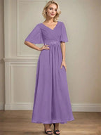 A-line V-Neck Ankle-Length Chiffon Mother of the Bride Dress With Pleated Beading Sequins by Dreamylily