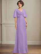 A-line V-Neck Floor-Length Chiffon Mother of the Bride Dress With Pleated Sequins Appliques Lace by Dreamylily