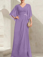 Sheath/Column V-Neck Floor-Length Chiffon Mother of the Bride Dress With Pleated Sequins Beading by Dreamylily