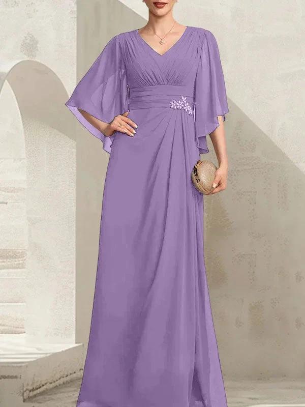 Sheath/Column V-Neck Floor-Length Chiffon Mother of the Bride Dress With Pleated Sequins Beading by Dreamylily