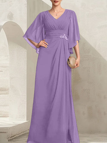 Vestido de gasa para madre de la novia, con escote en V, largo hasta el suelo, con lentejuelas plisadas y abalorios