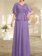 A-line V-Neck Floor-Length Chiffon Mother of the Bride Dress With Pleated Beading by Dreamylily