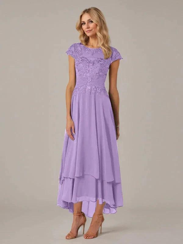 A-line Boat Neck Illusion Asymmetrical Chiffon Lace Mother of the Bride Dress With Applique Pleats by Dreamylily