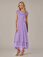 A-line Boat Neck Illusion Asymmetrical Chiffon Lace Mother of the Bride Dress With Applique Pleats by Dreamylily