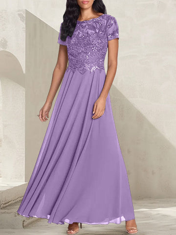 Vestido largo de madre de la novia con escote redondo, corte A, color gris carbón y cuentas