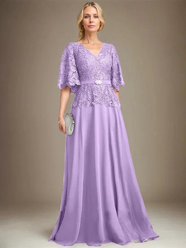 A-line V-Neck Floor-Length Chiffon Lace Mother of the Bride Dress With Crystal Brooch Rhinestone by Dreamylily