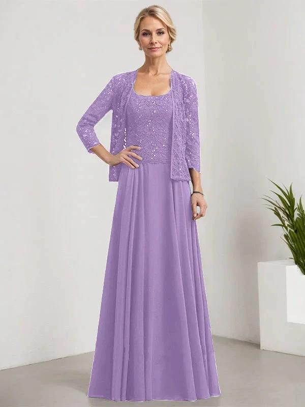 A-line Square Floor-Length Lace Chiffon Mother of the Bride Dress With Sequins by Dreamylily