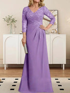 Sheath/Column V-Neck Illusion Floor-Length Lace Chiffon Mother of the Bride Dress With Pleated Sequins by Dreamylily