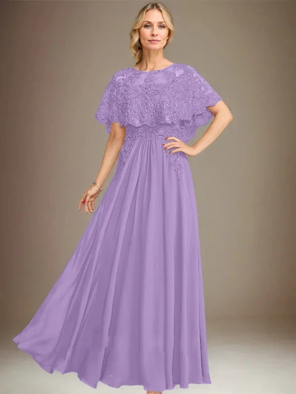 A-line Boat Neck Floor-Length Lace Chiffon Mother of the Bride Dress With Applique Sequins by Dreamylily