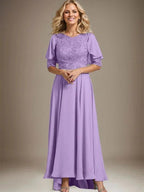 A-line Scoop Illusion Asymmetrical Chiffon Lace Mother of the Bride Dress With Beading by Dreamylily