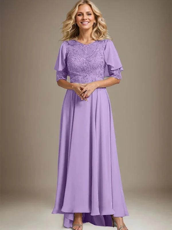 A-line Scoop Illusion Asymmetrical Chiffon Lace Mother of the Bride Dress With Beading by Dreamylily