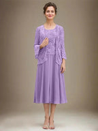 A-line Scoop Tea-Length Lace Chiffon Mother of the Bride Dress With Sequins by Dreamylily
