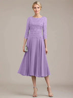 A-line Scoop Tea-Length Lace Chiffon Mother of the Bride Dress by Dreamylily