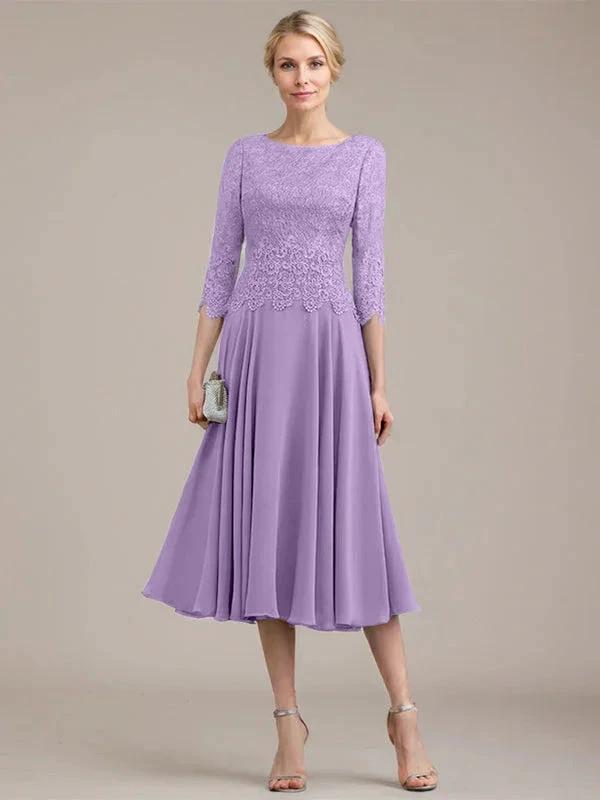 A-line Scoop Tea-Length Lace Chiffon Mother of the Bride Dress by Dreamylily