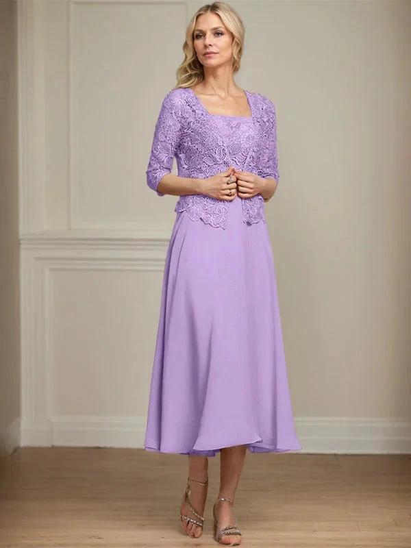 A-line Square Tea-Length Chiffon Lace Mother of the Bride Dress With Sequins Beading by Dreamylily