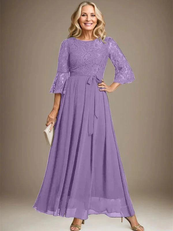A-line Scoop Ankle-Length Lace Chiffon Mother of the Bride Dress With Bow by Dreamylily