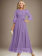 A-line Scoop Ankle-Length Lace Chiffon Mother of the Bride Dress With Bow by Dreamylily