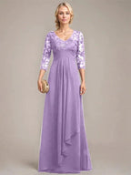A-line V-Neck Floor-Length Lace Chiffon Mother of the Bride Dress With Cascading Ruffles Sequins by Dreamylily