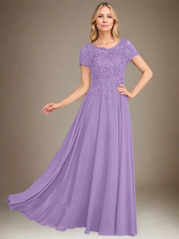A-Line Scoop Floor-Length Chiffon Mother of the Bride Dress With Applique & Sequins by Dreamylily