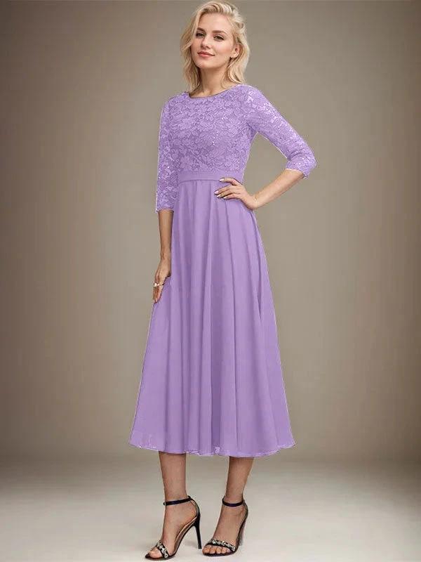 A-line Scoop Tea-Length Lace Chiffon Mother of the Bride Dress With Sequins by Dreamylily