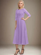A-line Scoop Tea-Length Lace Chiffon Mother of the Bride Dress With Sequins by Dreamylily