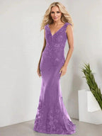 A-line V-Neck Floor-Length Lace Chiffon Mother of the Bride Dress With Applique Sequins Mermaid Dresses by Dreamylily