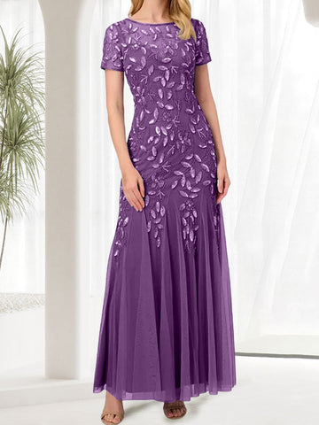 Vestido largo de sirena azul con cuello redondo para madre de la novia con cuentas