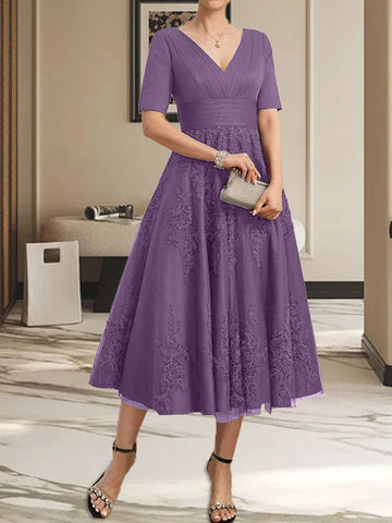 A-line V-Neck Tea-Length Tulle Lace Mother of the Bride Dress With Pleated