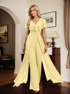 Jumpsuit/Pantsuit V-Neck Floor-Length Chiffon Evening Dress
