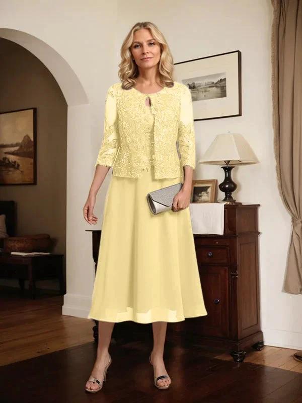 A-line Scoop Tea-Length Lace Chiffon Mother of the Bride Dress With Sequins by Dreamylily